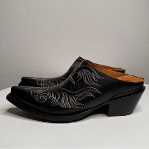 Lucchese Black Western Leather Embroidered Pointed Toe Mules Slip On Size 7.5B